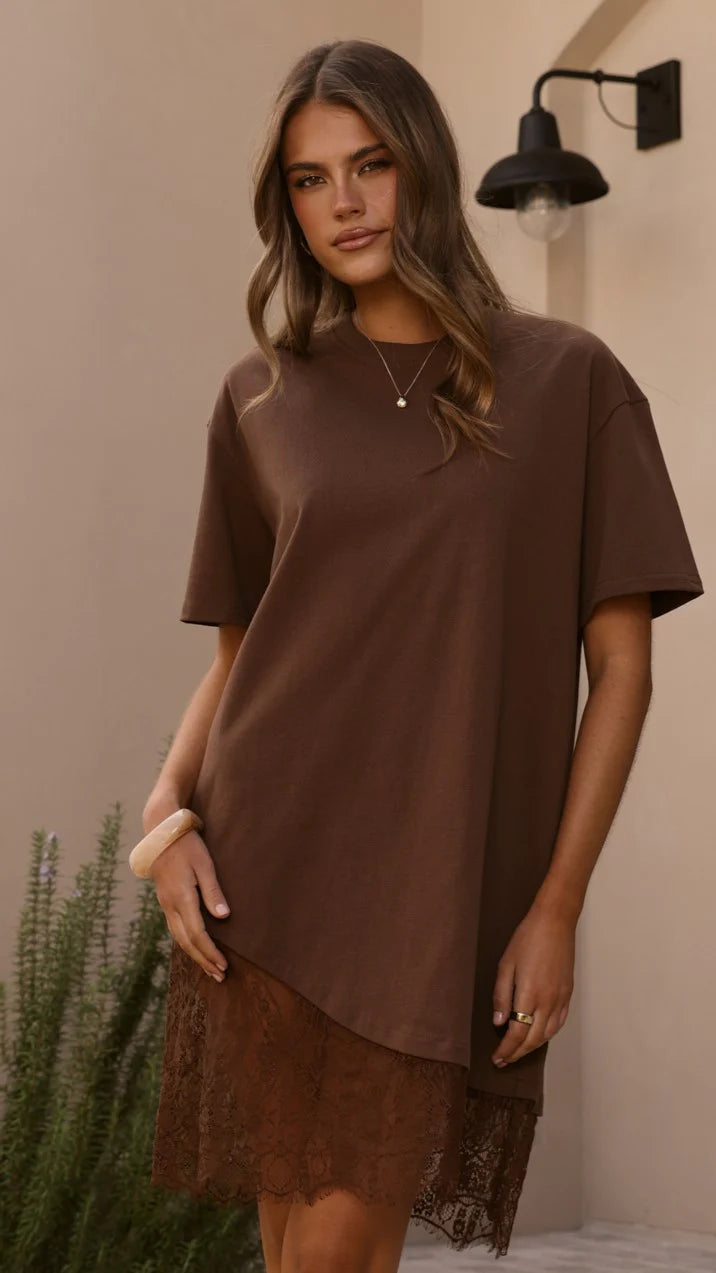Avei Lace T-Shirt Mini Dress - Chocolate