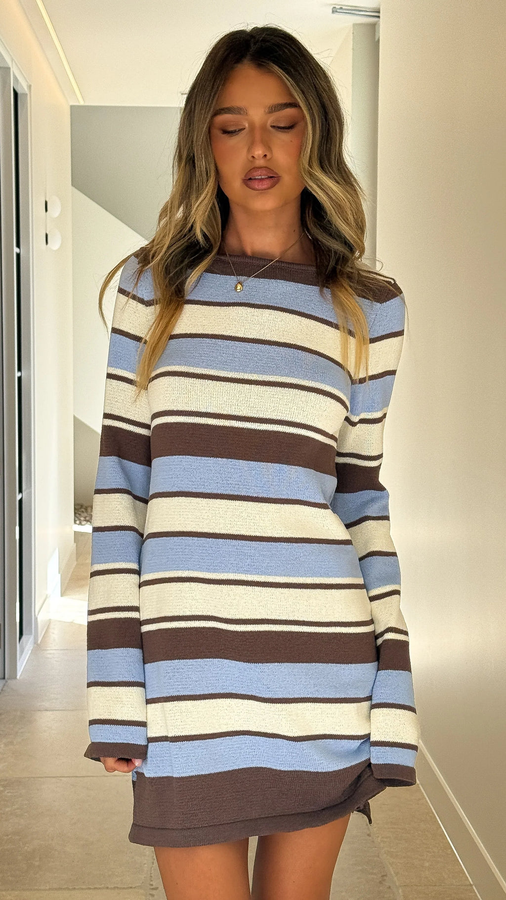 Brianna Long Sleeve Mini Dress - Blue/Brown