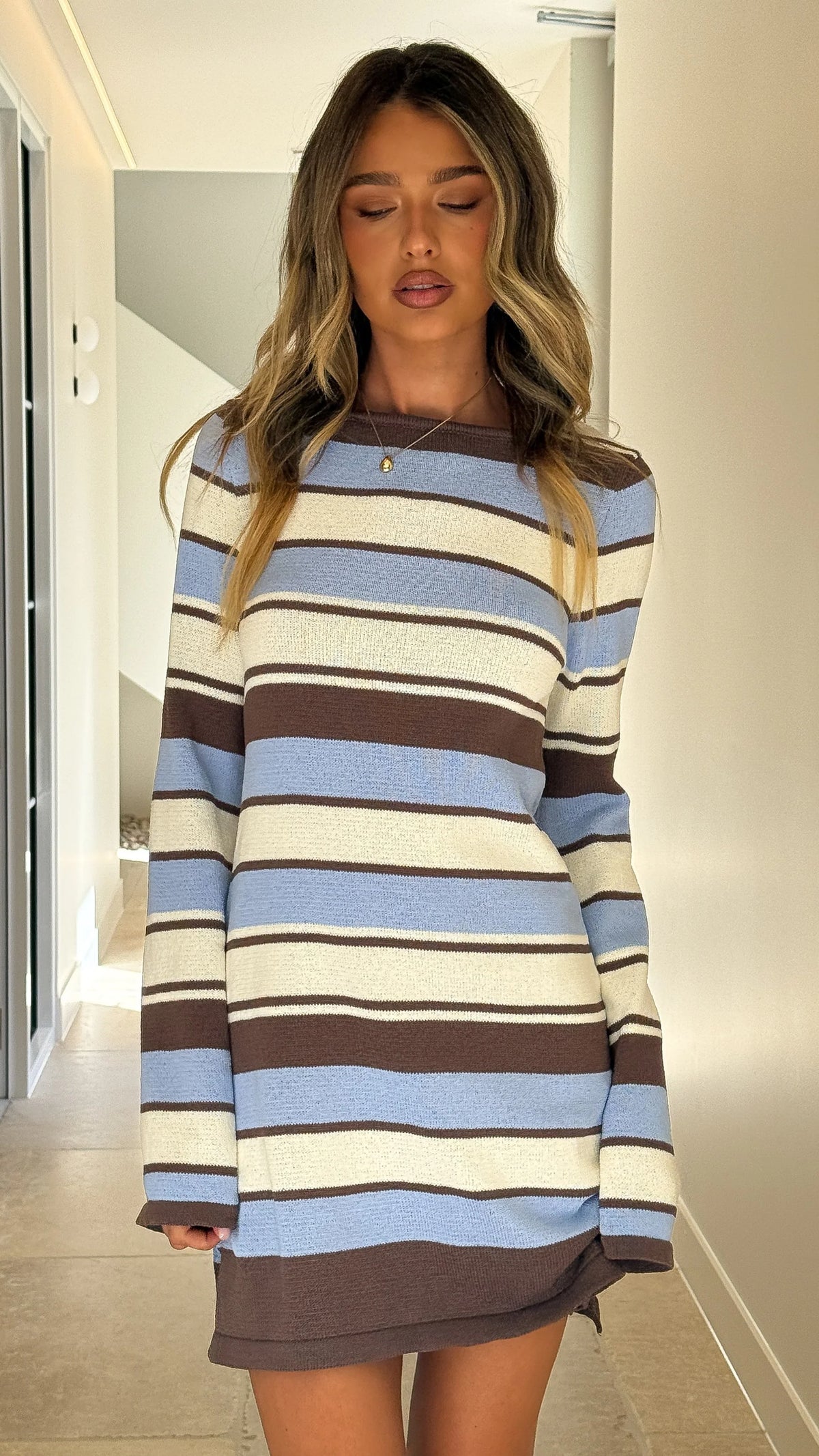 Brianna Long Sleeve Mini Dress - Blue/Brown