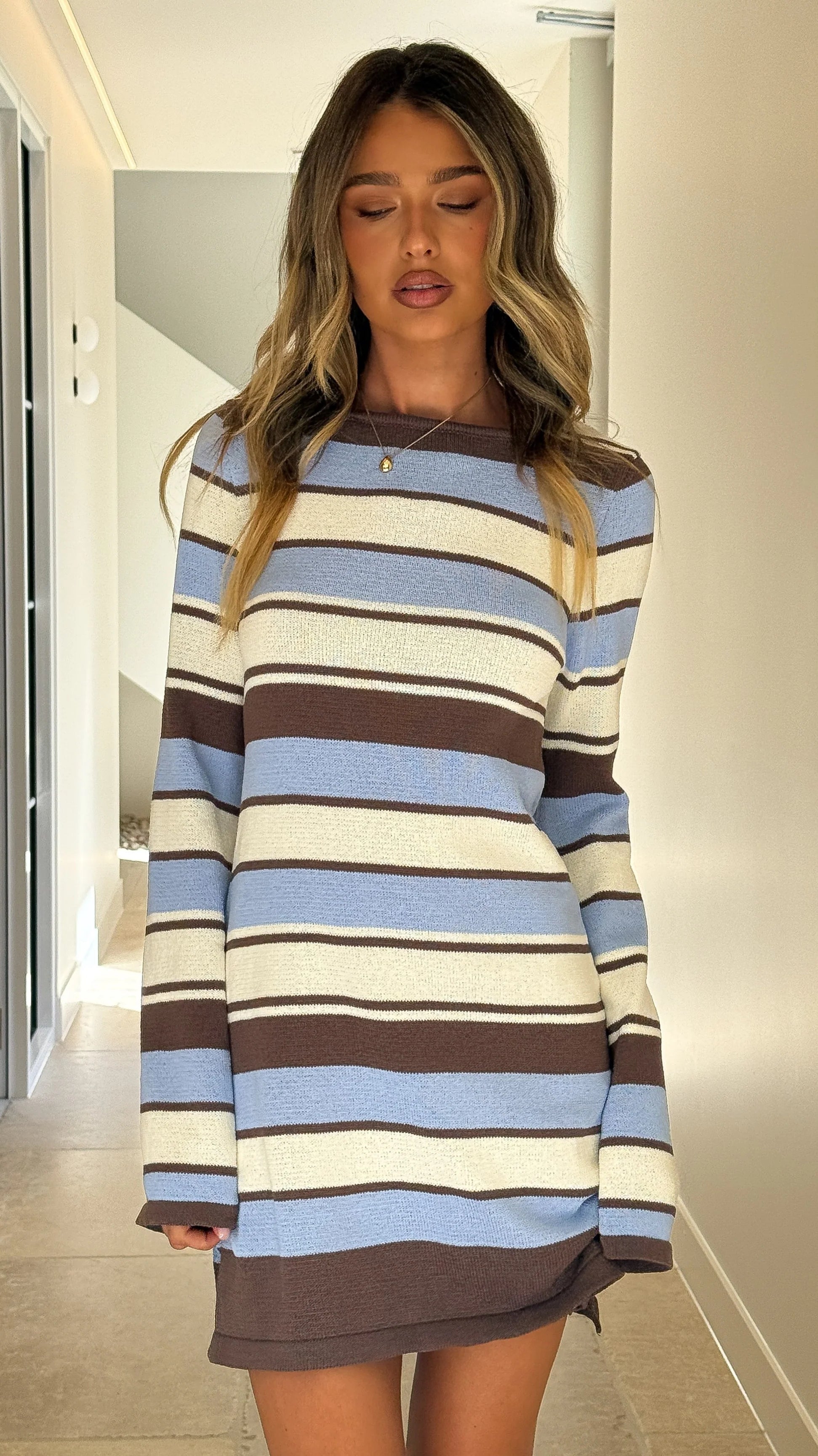Brianna Long Sleeve Mini Dress - Blue/Brown