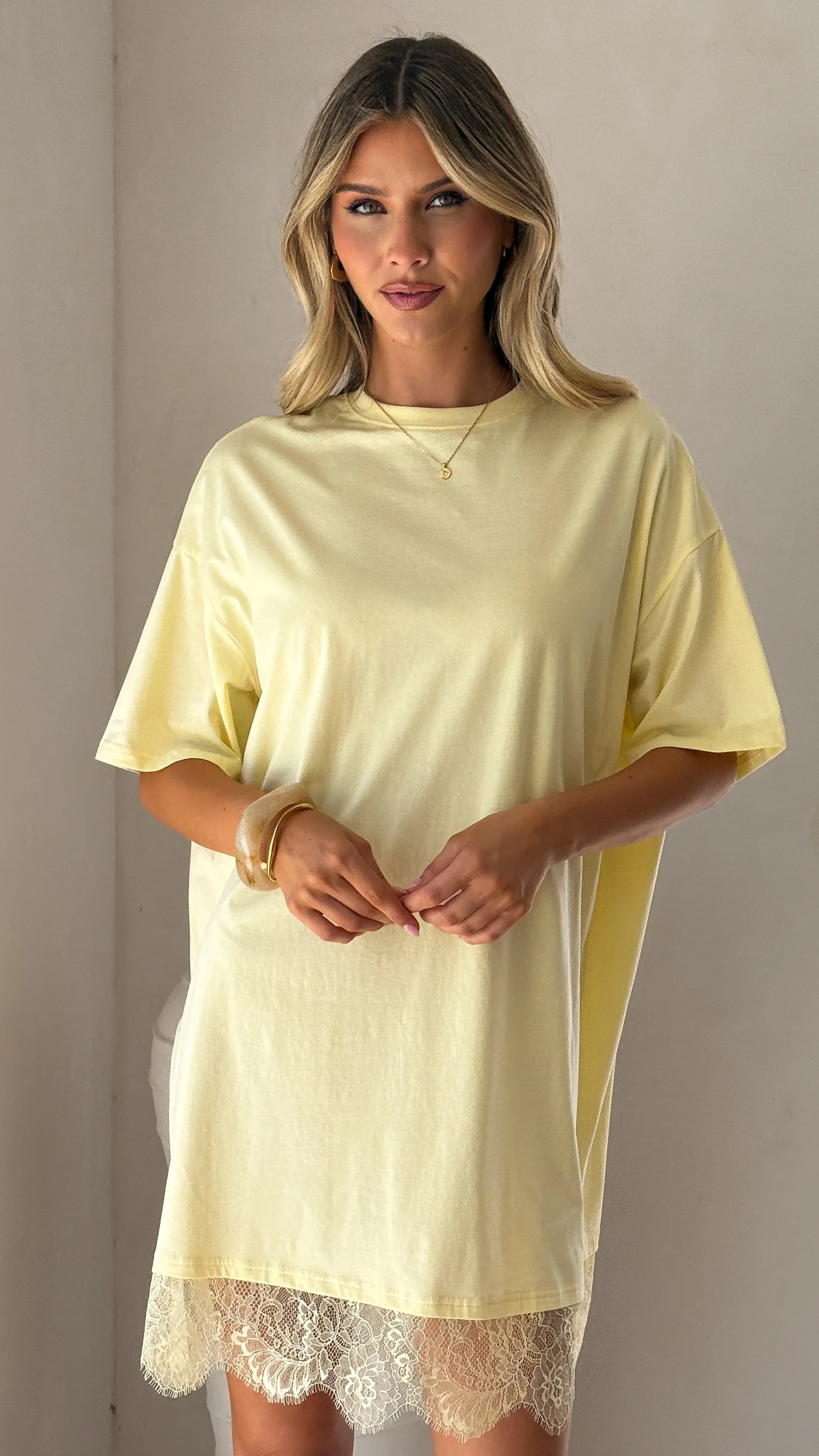 Saya T Shirt Lace Mini Dress - Yellow
