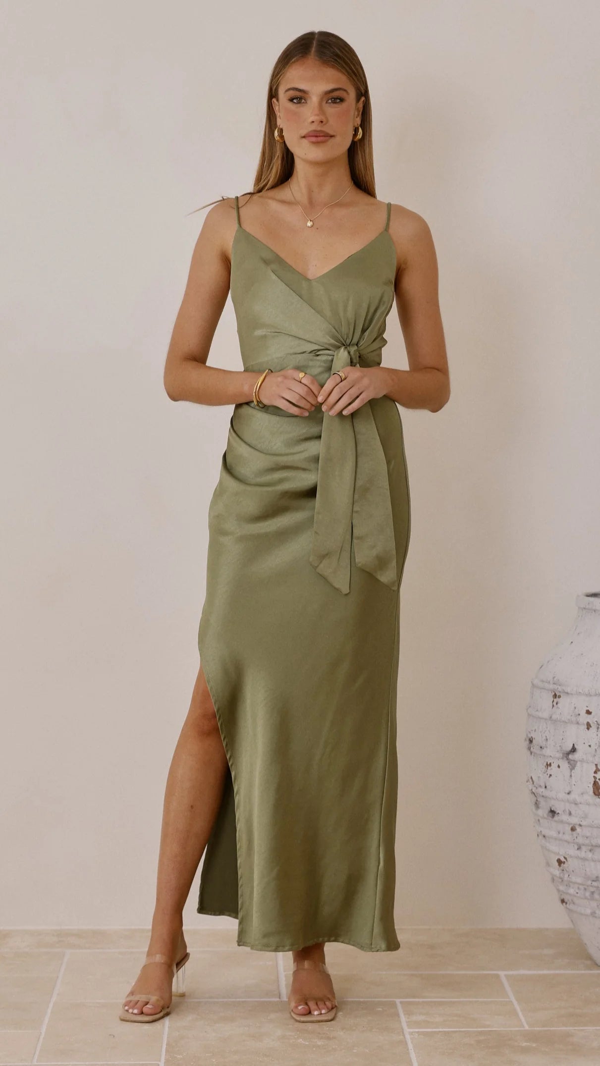 Yasmeen Tie Front Maxi Dress - Olive