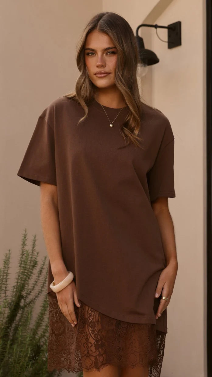 Avei Lace T-Shirt Mini Dress - Chocolate