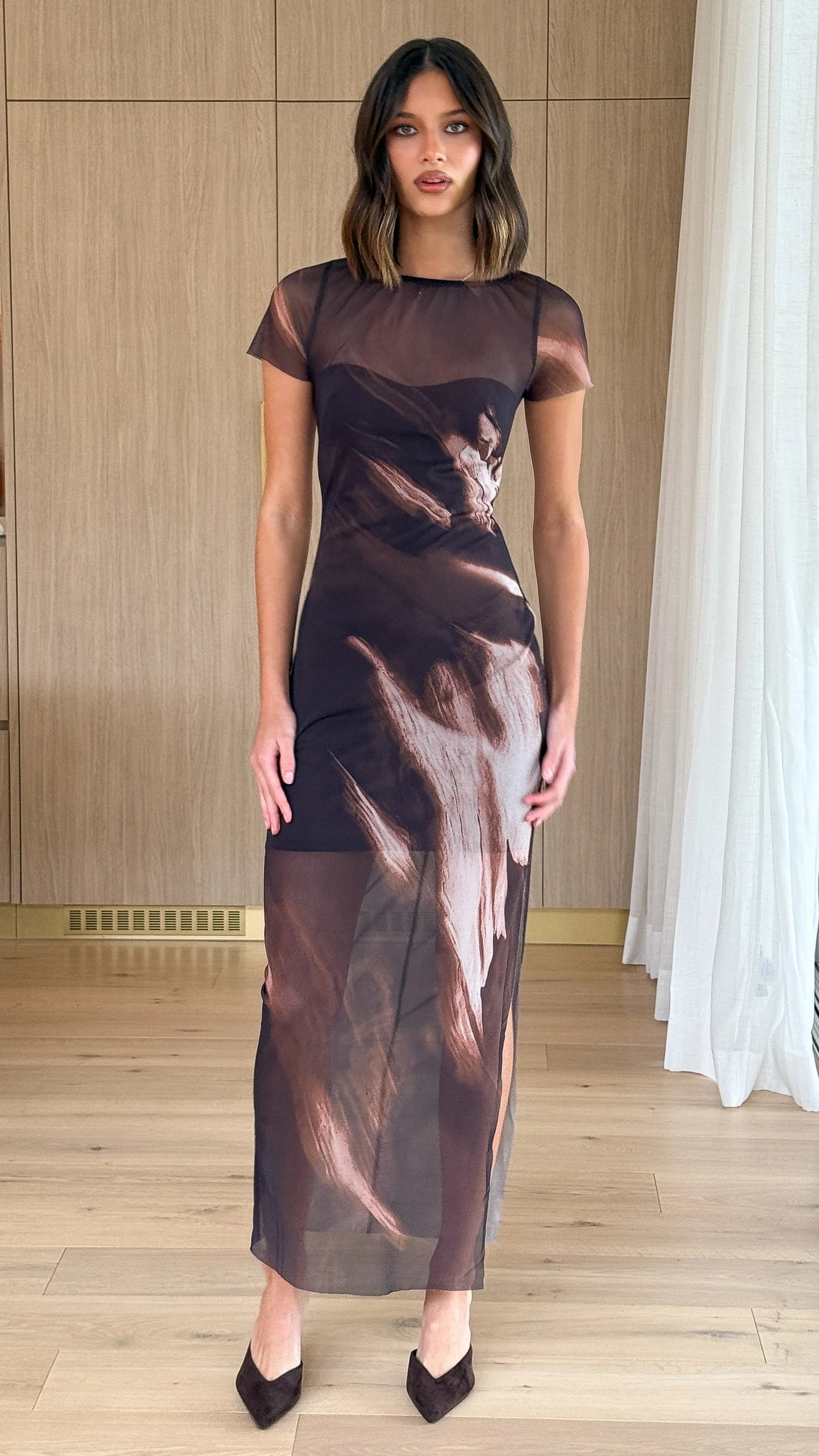 Pia Sheer Maxi Dress - Cocoa Ochre