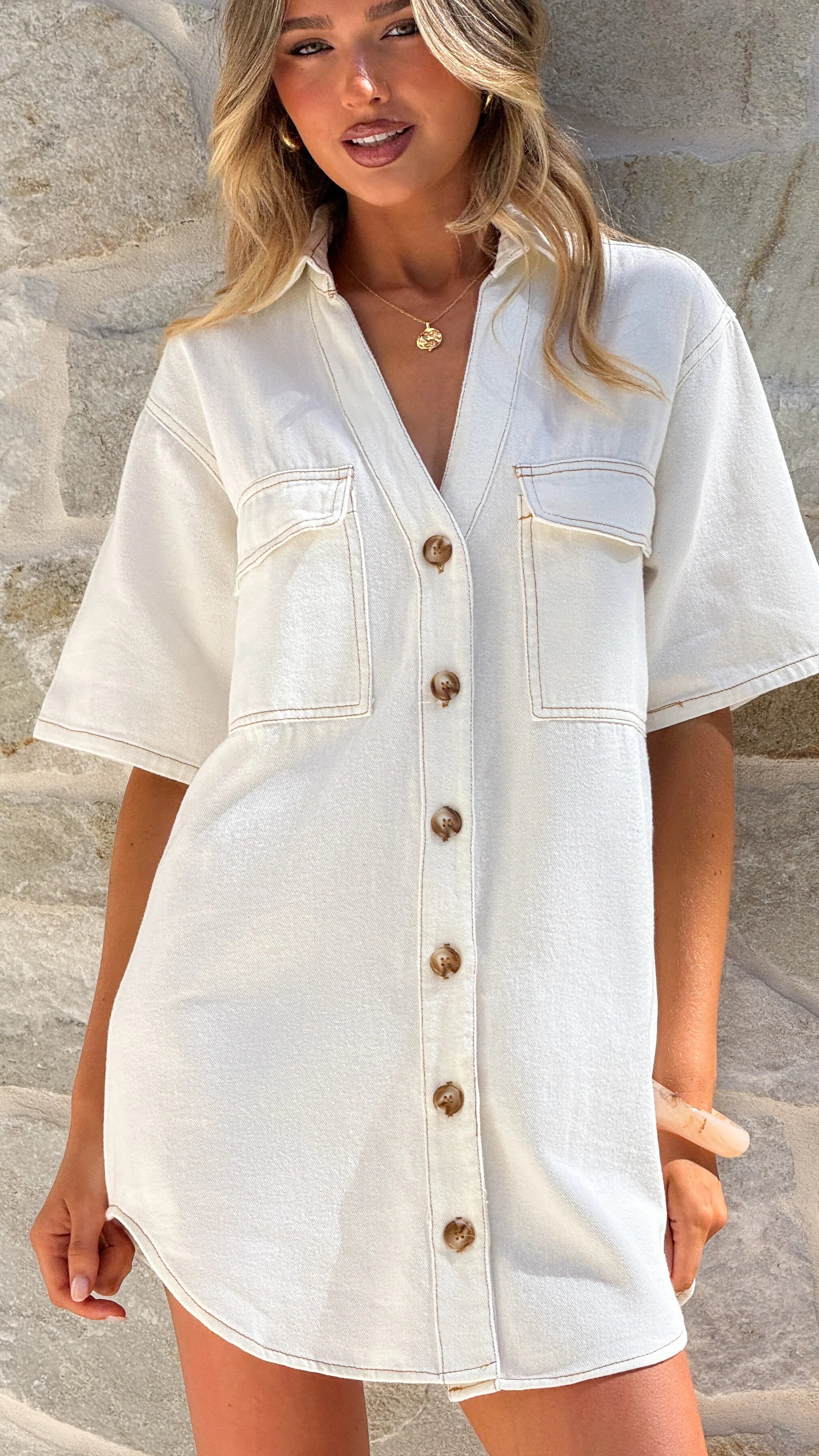 Maliha Button Up Mini Dress - White Denim