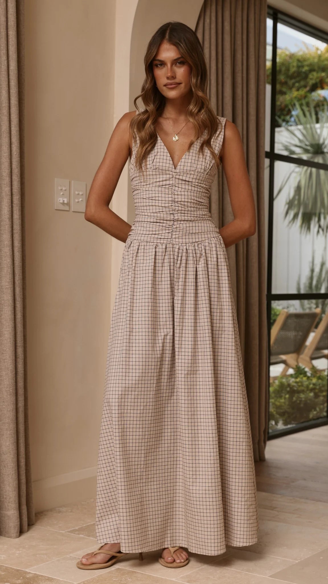 Sanya Maxi Dress - Beige Check