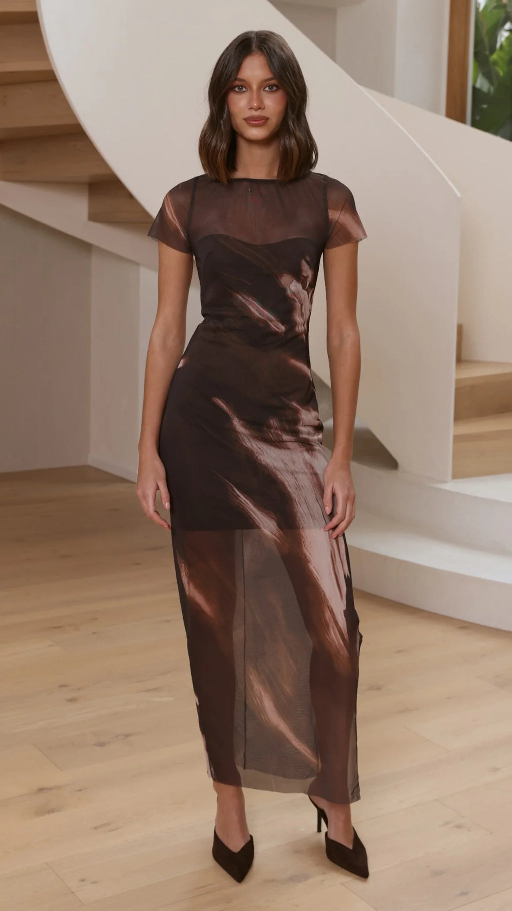 Pia Sheer Maxi Dress - Cocoa Ochre