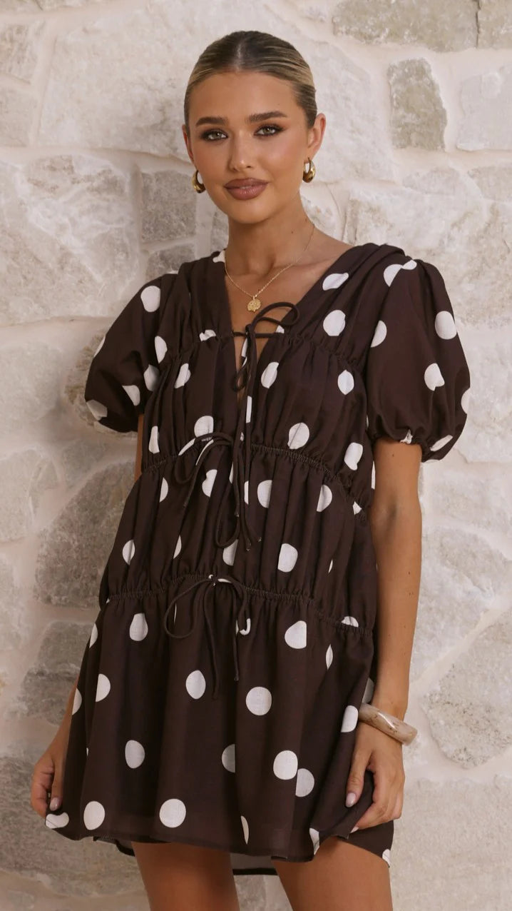 Alina Mini Dress - Chocolate/White Polka