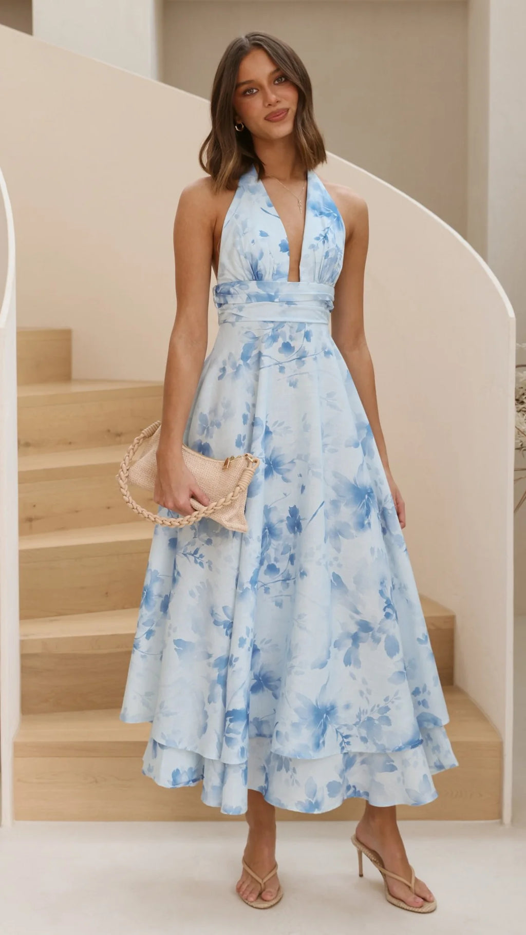 Kathy Halter Neck Maxi Dress - Blue Floral