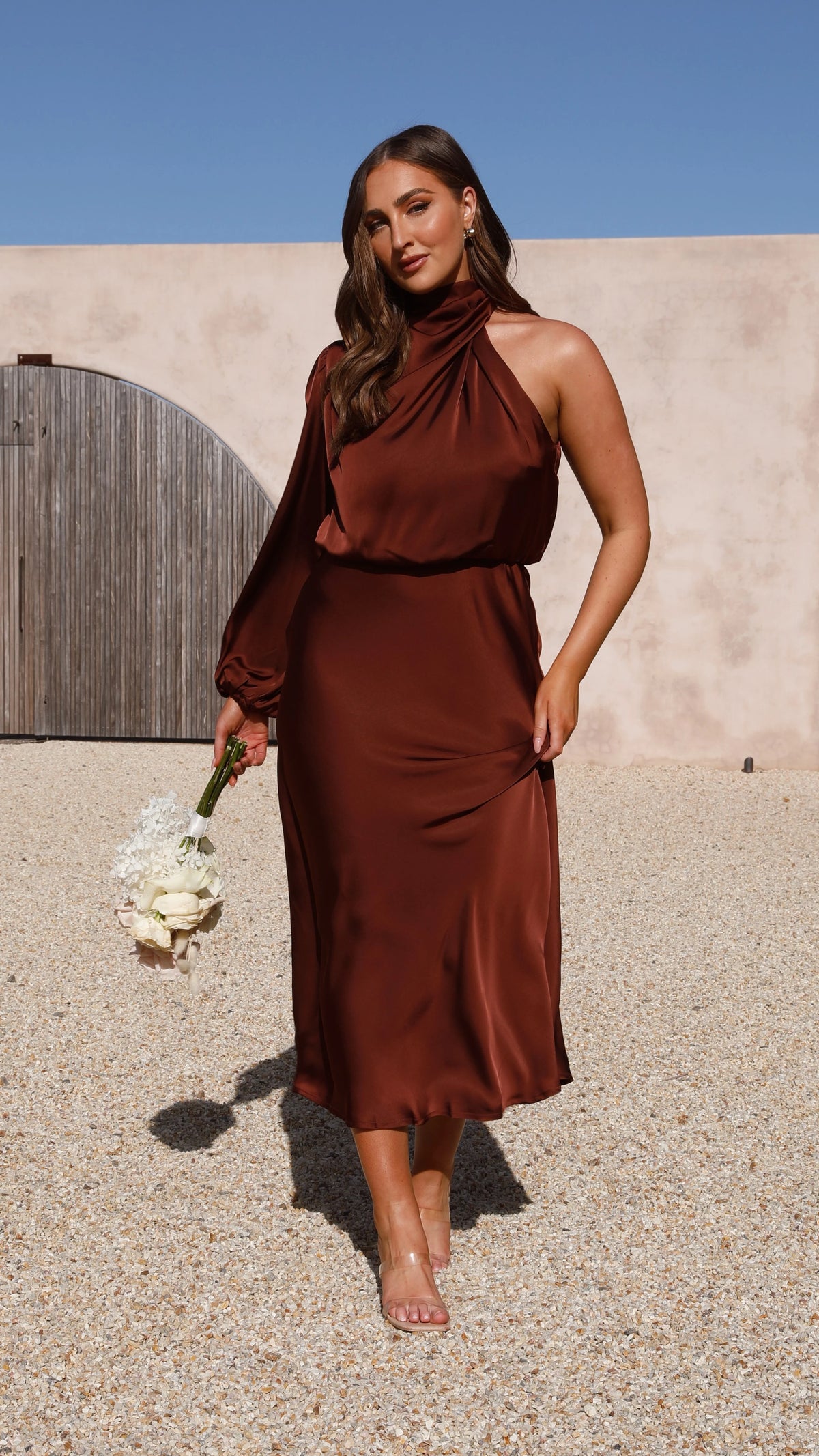 Esther One Shoulder Long Sleeve Dress - Brown