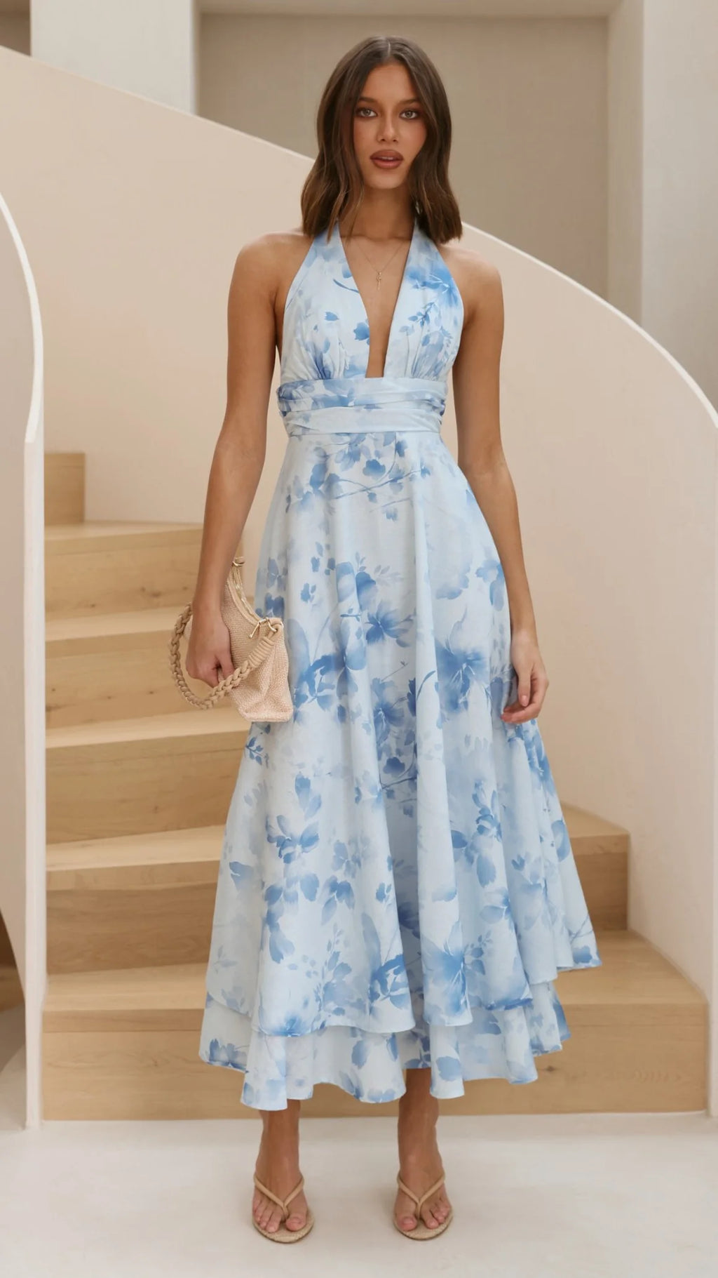 Kathy Halter Neck Maxi Dress - Blue Floral