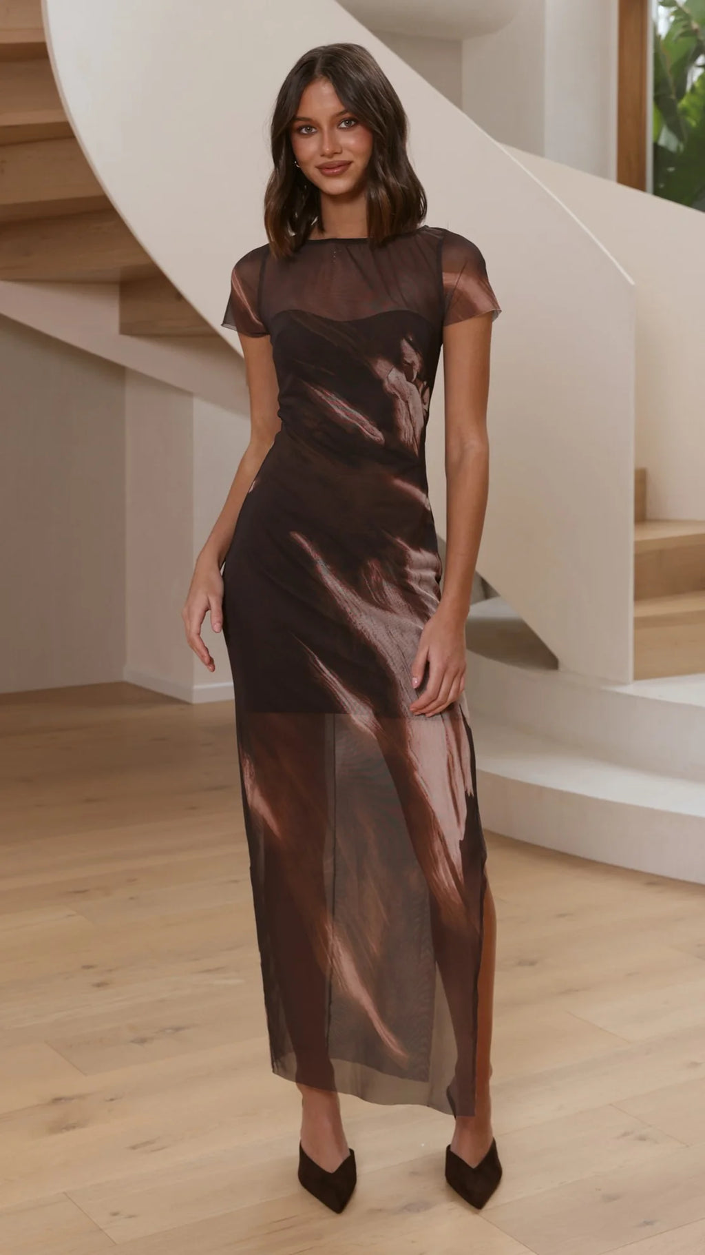 Pia Sheer Maxi Dress - Cocoa Ochre