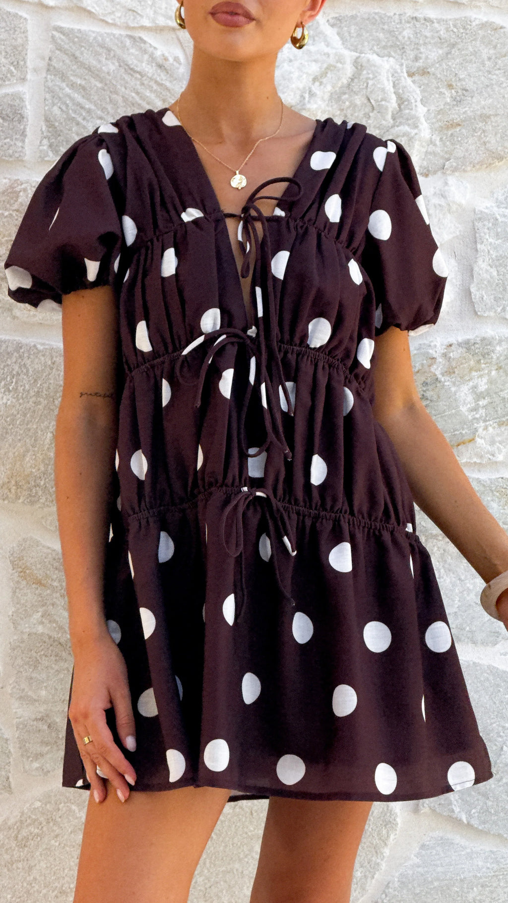 Alina Mini Dress - Chocolate/White Polka
