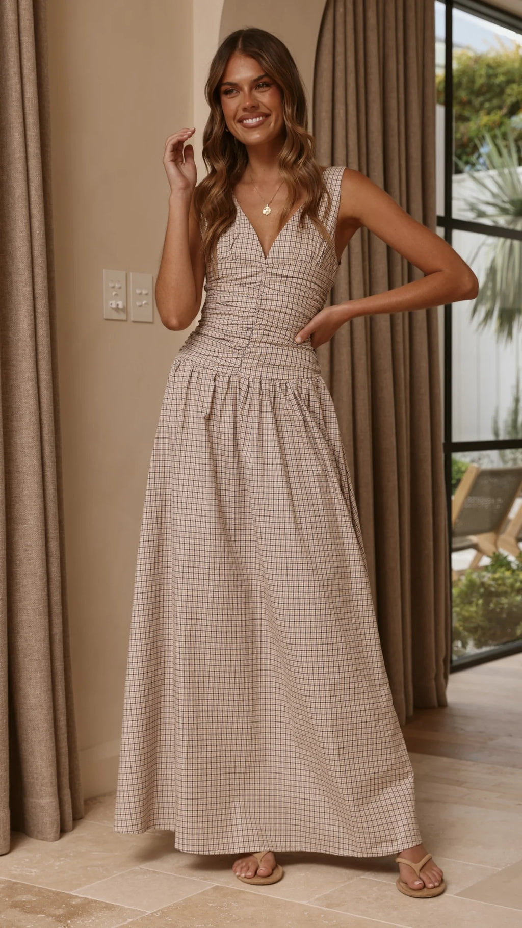 Sanya Maxi Dress - Beige Check