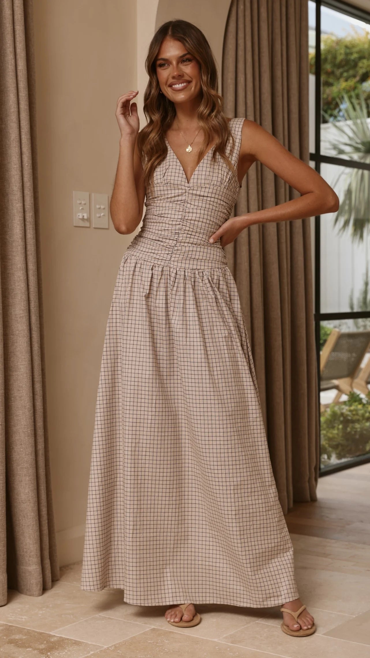 Sanya Maxi Dress - Beige Check