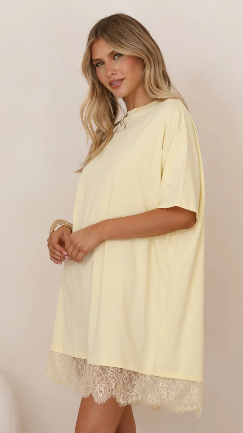Saya T Shirt Lace Mini Dress - Yellow